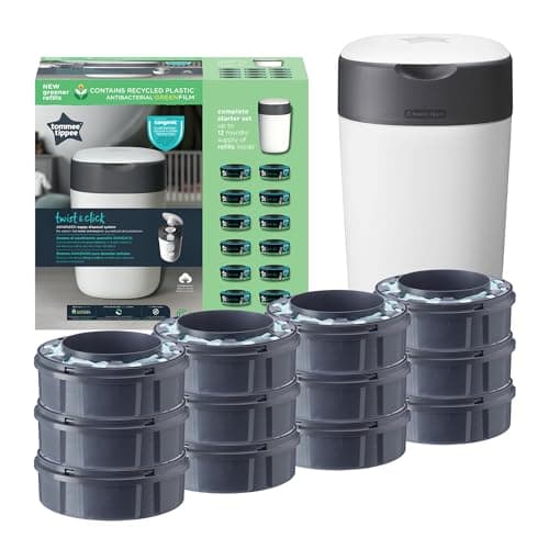 Image of Tommee Tippee Twist and Click Nappy Bin Starter Set, White, with x12 Refill Cassette, Odour and Germ Protection, Antibacterial Film, 100% Recycled Chassis (pack may vary)