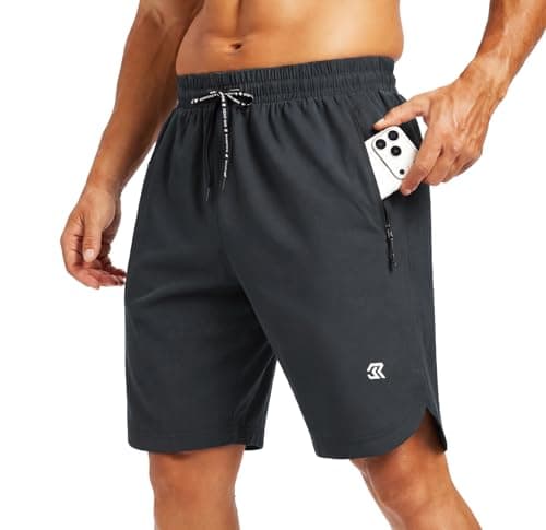Image of Men's Running Shorts Side Split Athletic Gym Training Shorts with Zipper Pockets Quick Dry Lightweight Performance Workout Bottoms for Marathon Jogging Bodybuilding Fitness Sports Wear Dark Gray M