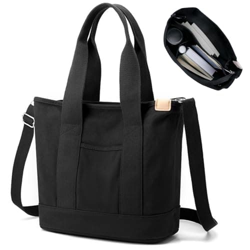 Image of Aucuu Multi-Pocket Tote Bag, Canvas Tote Bags for Women, Crossbody Bags with Adjustable Strap, Large Capacity Shoulder Bag with Zipper, Ladies Handbags for School Shopping Work Travel,Black L