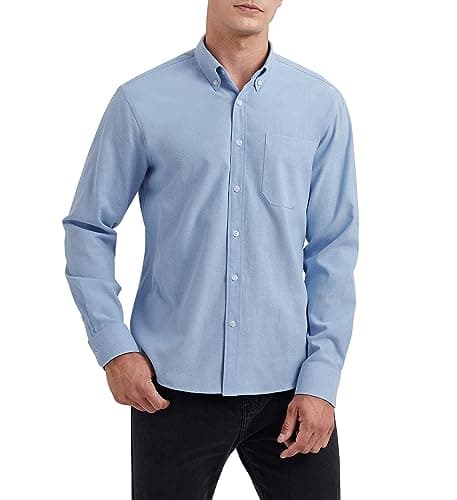 Image of HISDERN Blue Shirts for Men Oxford Long Sleeve Button Casual Shirt with Pocket for Wedding Businiess Regular Fit L