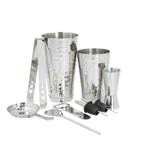 Image of BarCraft 8-Piece Silver Cocktail Set in Gift Box, Includes Cocktail Shaker, Jigger, Tongs, Mixing Spoon, Bottle Opener & 2 Bottle Pourers, Stainless Steel