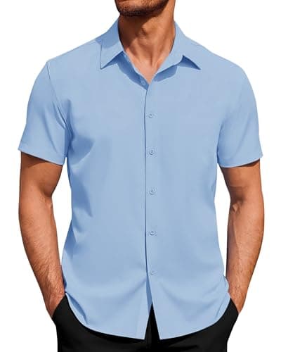 Image of J.VER Mens Short Sleeved Shirts 4-Way Stretch Casual Shirt Regular Fit Non Iron Business Dress Summer Button Down Shirts Light Blue XL