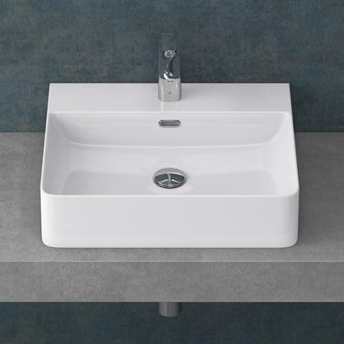 Image of Mai & Mai Bathroom Sink Basin Countertop Wash Basin | Ceramic White Rectangular Wall Mounted | WDH: 50x42×12cm | Modern Design Bathroom Vessel Sink | Nano-Coating Meissen201