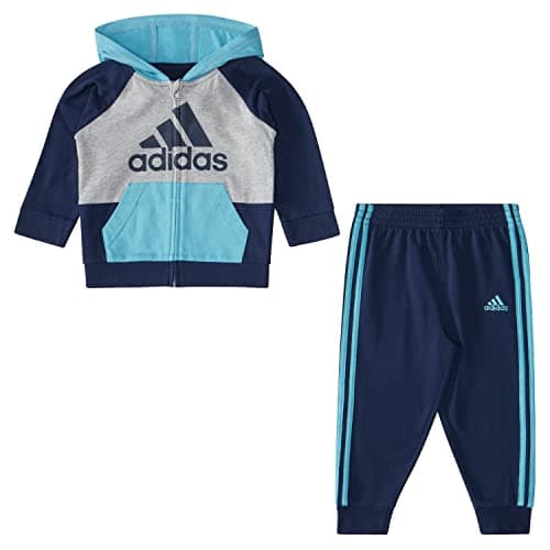 Image of adidas Boys Zip Front Hooded Jacket and Joggers Set French Terry Hooded Jacket and Jogging Pants with Front Zipper, Collegiate Navy, 3 Months