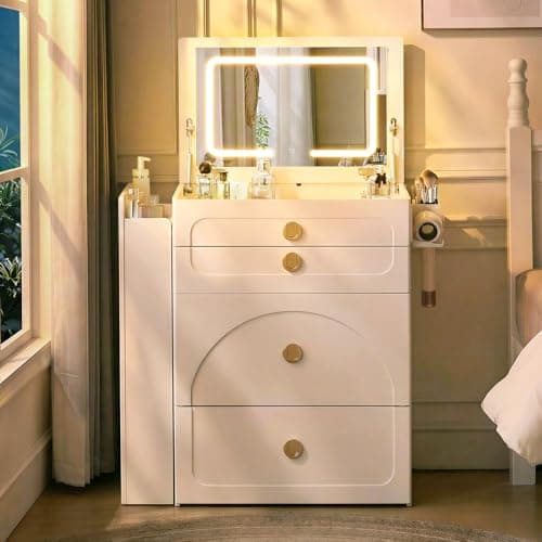 Image of TUKAILAi 3-in-1 Vanity Desk with Glass Top & Flip Top LED Mirror, Integrated Charging Station, Hairdryer Holder, 3 Drawers, Pull-Out Side Cabinet, Dressing Table with Stool for Bedroom
