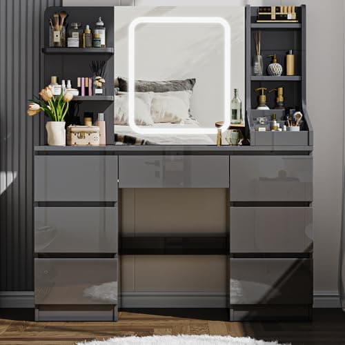 Image of TRIUMPHKEY Dressing Table, Vanity Desk with LED Mirror, Adjustable Brightness, Modern Vanity Table with 7 Drawers, 4 Shelves and 3 Open Compartments for Bedroom, 108x40x139cm (High Gloss Grey)