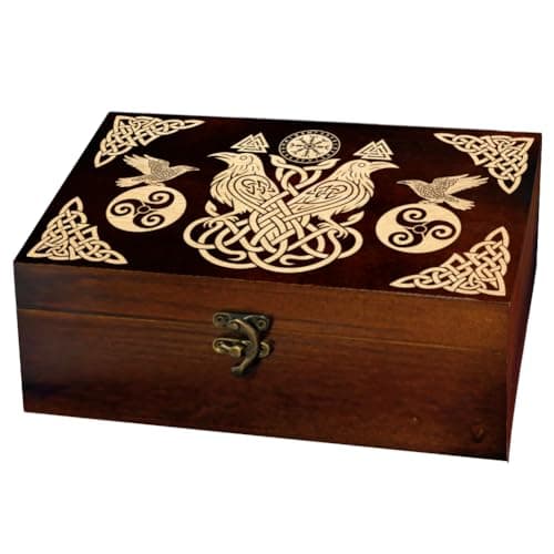 Image of arricraft 1 Pc Wooden Keepsake Storage Box, Viking Rope Knot Raven Pattern Rectangle Pine Tarot Card Memory Box for Anniversary Jewelry Board Storage 24x14x9cm (9.45x5.51x3.54 inches)
