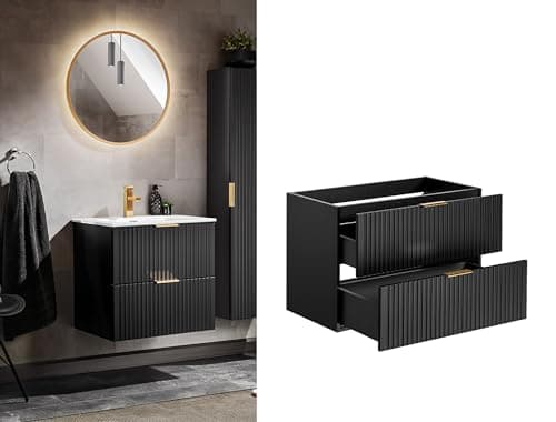 Image of Impact Furniture Bathroom Vanity Unit Wall Hung Cabinet with Drawers Black Fluted Modern Wall Mounted 800mm Sink Unit with Soft Close Luxury Ribbed Fronts 80cm Floating Storage