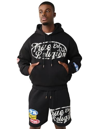 Image of True Religion Men's Logo Pa Boxy Pullover Hoodie, Jet Black, S