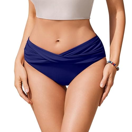 Image of Ekouaer Women's Bikini Bottoms Swim Pants Twist Front Ruched Swimsuit Basic Swimwear Navy Blue L