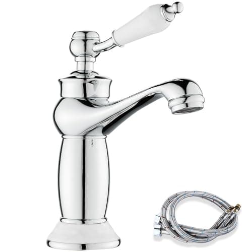 Image of Maynosi Retro Bathroom Sink Taps, Luxury Victorian Basin Mixer Tap with Ceramic Handle, Vintage Faucet for Cloakroom, Include Flexible Tails, Brass (Chrome)