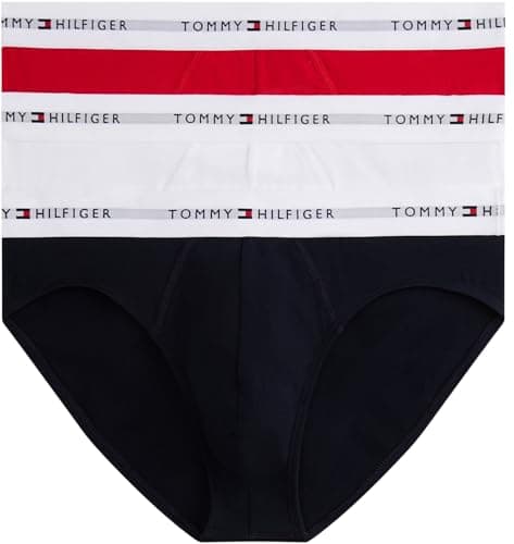 Image of Tommy Hilfiger Men’s 3 Pack Hipster Briefs with Logo Waistband, Multicolor (Wht/Prm Red/Des Sky), XL