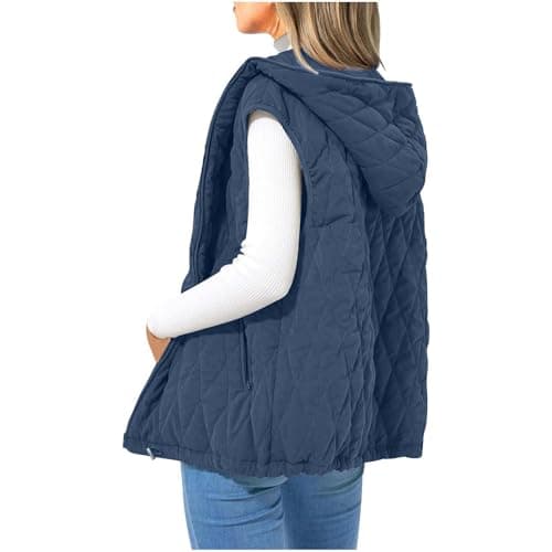 Image of Flodxo Women Gilets and Bodywarmers Sleeveless Quilted Down Jacket Winter Puffer Gilet Ladies Theramls Vest Hooded Zip Up Jacket Outerwear Casual Padded Coats Solid Warm Waistcoats Navy M