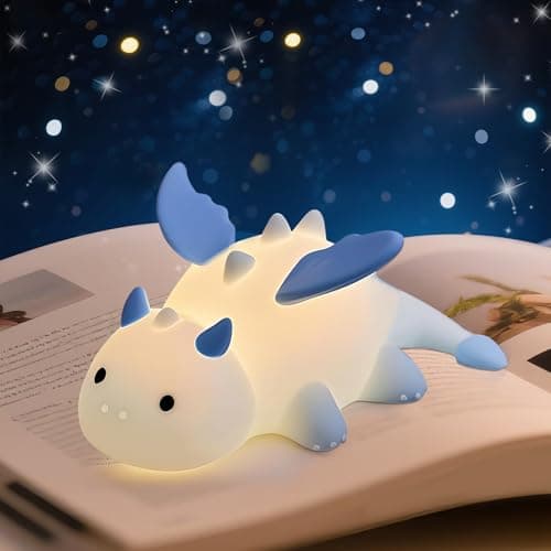 Image of AVEKI Night Light for Kids, Cute Milk Dragon Silicone Lights with 7 Colors, Dimmable & Rechargeable, Magnetic Dinosaur Bedside Lamp for Baby Nursery, Gifts for Boys and Girls (Blue)
