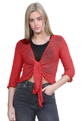 Image of janisramone® Women s Shrugs, Double Fine Knit 3/4 Sleeve Tie Front Top, Bolero Cardigans for Women, Stretchy Cropped Cardigan, Lightweight Summer Shrug, Ladies Evening Tops Red