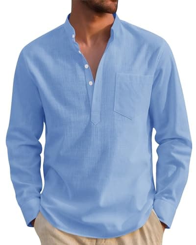 Image of J.VER Linen Shirts Men Long Sleeve Regular Fit Casual Summer Beach Henley Shirt with Pocket Light Blue L