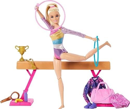 Image of BARBIE Gymnastic Fun Play Set with Balance Beam and Over 10 Thematic Matching Pieces for Victory Stories, HRG52, Blonde Doll