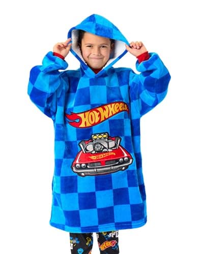 Image of Hot Wheels Boys Wearable Blanket Hoodie | Children's Oversized Fleece Pullover in Blue with Printed Car Shaped Pocket | Kids Racing Flame Logo Hooded Loungewear | Toy Car Collectors Merchandise Gift