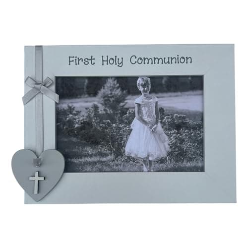 Image of First Holy Communion Picture Frame, Girls Boys 4x6 Photo, Grey with Heart and Bow Decoration