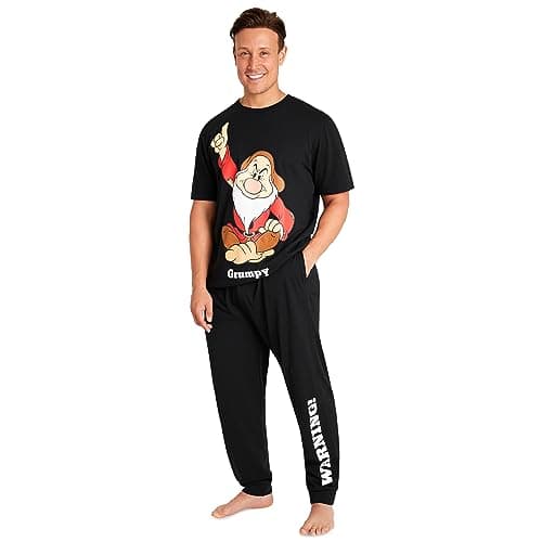 Image of Disney Mens Pyjamas Jack Skellington Donald Duck Grumpy Men's Nightwear Set T-Shirt Long Bottoms PJs M-3XL Loungewear (Black Grumpy, XL)