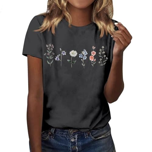 Image of Womens T Shirts Casual Vintage Wild Flowers Graphic Tops Summer Crew Neck Short Sleeve Comfy Tees(Dark Grey, S) Hemd Schwarz