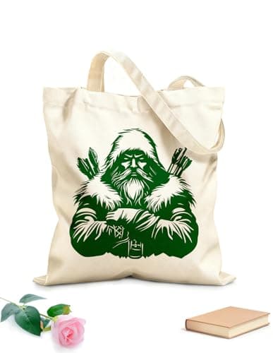 Image of XIARON Reusable Shopping Tote Bag fierce winter warrior with fur hood and bow arrows perfect 340g/m² thick fabric Customizable slogan M Green