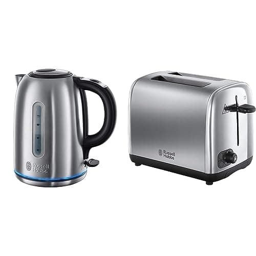 Image of Russell Hobbs 20460 Quiet Boil Kettle, Brushed Stainless Steel, Silver, 3000 W, 1.7 Litre & 24080 Adventure Two Slice Toaster, Stainless Steel, 2 Slice, Brushed and Polished