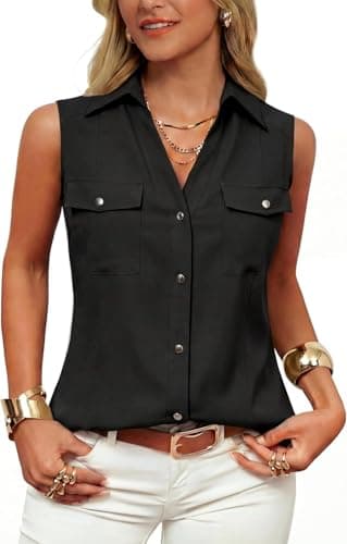 Image of GRACE KARIN Women's Button-Down Sleeveless Shirt Tops Lapel Collar V Neck Casual Blouses Summer Office Work Top Black XL