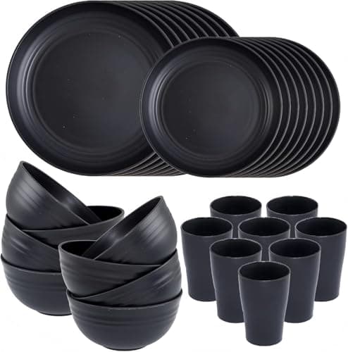 Image of KAHEIGN 32Pcs Plastic Dinnerware Set, 8 Set Unbreakable Dinner Sets Included 8Pcs 25CM Dinner Plates, 8Pcs 20CM Salad Plates, 8 Pcs 720ml Bowls, 8 Pcs 360ml Cups - Microwave & Dishwasher Safe