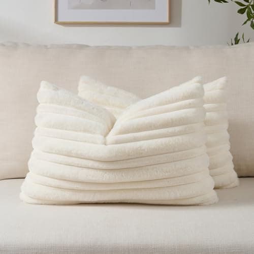 Image of FUTEI Set of 2 Solid Plush Faux Fur 30cm x 50cm Cushion Covers Double Sided Soft Fluffy Striped Textured Pillow Covers 30 x 50 cm Modern Scatter Cushion for Sofa Bed Living Room, Cream White