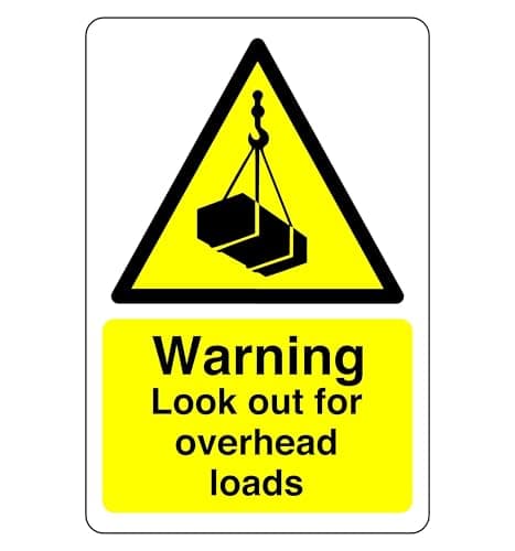 Image of Warning look out overhead loads sign - 1.2mm Rigid plastic for indoor/outdoor usage (300mm x 200mm) Viewing Distance within 7m.
