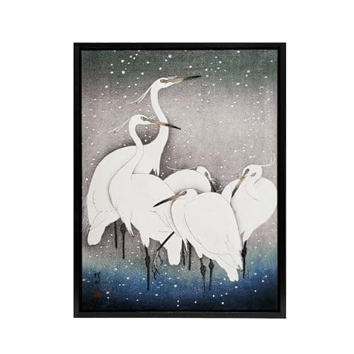 Image of Artery8 Group Of Egrets in Falling Snow Framed Canvas Wall Art Print Japan : Artwork by Ohara Koson 18x24 Peaceful wintry bird scene bringing stillness to bedrooms or natural-themed interiors