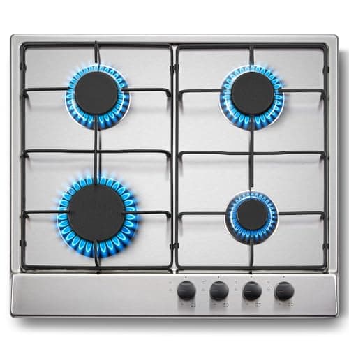 Image of SNDOAS Gas Hob 4 Burners, 60cm Stainless Steel Cooktop, Built-in Gas cooker Hob, 7060W, NG/LPG Convertible, Silver Metallic Finish with Automatic Ignition