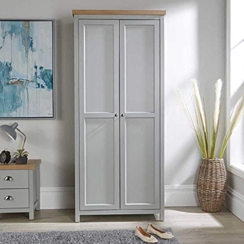 Image of Home Source 2 Door Wardrobe, Wooden Hanging Rail Storage Shelves, Oak Effect, Grey