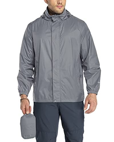 Image of 33,000ft Men's Lightweight Waterproof Outdoor Jackets Windproof Rain Shell Jacket Packaway Hooded Raincoat for Golf Fishing Cycling Plain Grey M