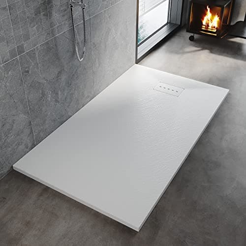Image of ELEGANT 1700x800mm White Slate Effect Lightweight Slate Shower Base Rectangular Grain Shower Enclosure Tray with Waste Trap