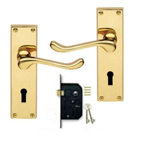 Image of Golden Grace Victorian Scroll Lever Lock Door Handles with 3 Lever Lock Set and 2 Keys in Polished Brass Finish, Classic Interior Doors Hardware