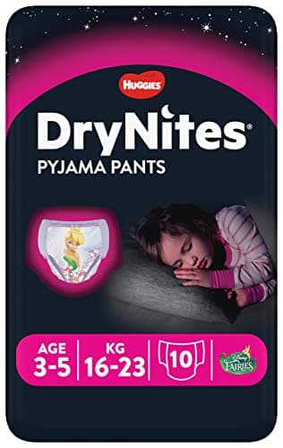Image of Huggies DryNites, Girls’ Night Time Pants - Sizes 3-5 Years (10 Pants) Monthly Pack - Ultra-Absorbent Pyjama Pants - Unbeatable Night Time Protection
