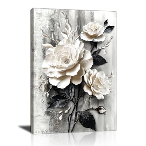 Image of Black White Rose Flowers Canvas Wall Art Grey White Floral Wall Decor Picture White Blooming Flowers Poster Print Painting for Bathroom Office Living Room Bedroom Home Decorate Ready To Hang 30X40cm