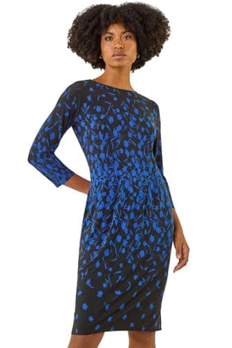Image of Roman Shift Dress with Pockets for Women UK - Ladies Summer Autumn Winter Smart Casual Work Short 3/4 Sleeve Tunic Knee Length Pleated Gathered Waist Tea Loose Royal Blue