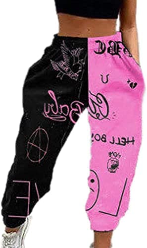 Image of oytto Women Drawstring Pants Loose Beam Feet Joggers Trousers Star Moon Skull Print Stitching Color Blocks Ladies Sports Gym (Black Pink,M,M)