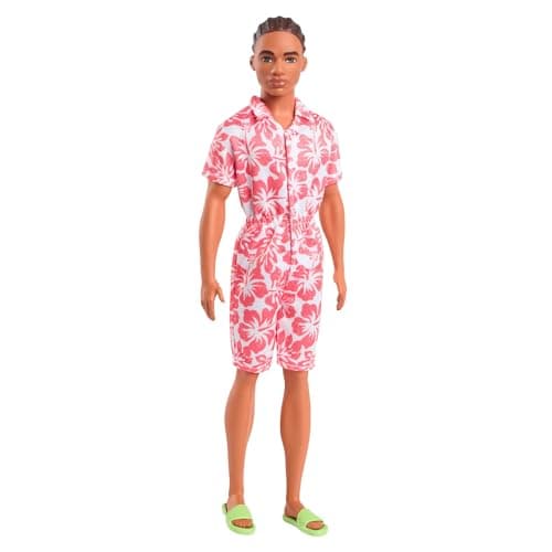 Image of Barbie Fashionistas Ken Doll #235 with Braided Brown Hair, Wearing Coral Jumpsuit with Hawaiian Print and Green Sandals, HYT99