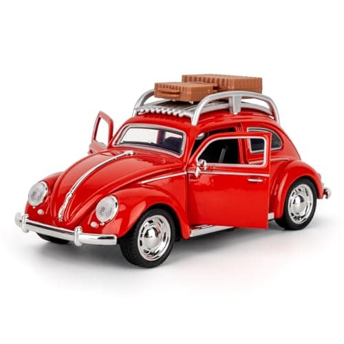 Image of imtfzct 1:32 Scale Volkswagen Beetle Die-Cast Model Car with Sound & Light, Pull-Back Function & Removable Roof Rack, Collectible & Toy for Kids Ages 3+ Red