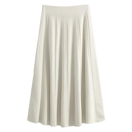 Image of Knitted Skirts for Women Elegant Elastic High Waist Casual Solid Color Pleated Spring Knee Length Skirt for Work Daily Wear Beige