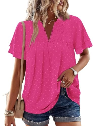 Image of KISSMODA Womens Tops Butterfly Sleeve V Neck Blouses Swiss Dot Ruffle Short Sleeve Shirts Basic Trendy Solid Color Clothes