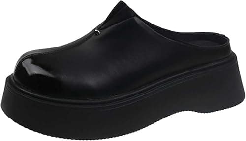 Image of Womens Leather Mule Platforms,slip On Sandals Closed Toe Clogs Non-slip Thick Sole Waterproof Slippers, Black, 4 UK