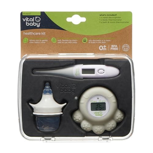 Image of Vital Baby PROTECT Healthcare Kit for Baby - 3pcs Room and Bath Thermometer, Nasal Aspirator, Body Digital Thermometer – Essential Newborn Baby Health and Safety