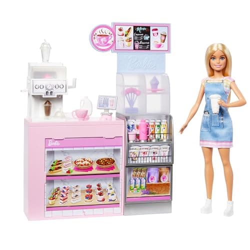 Image of Barbie Coffee Shop Playset with Blonde Barista Doll & 12+ Accessories Including Coffee-Smoothie Maker, Food, Cups & More, HXN94