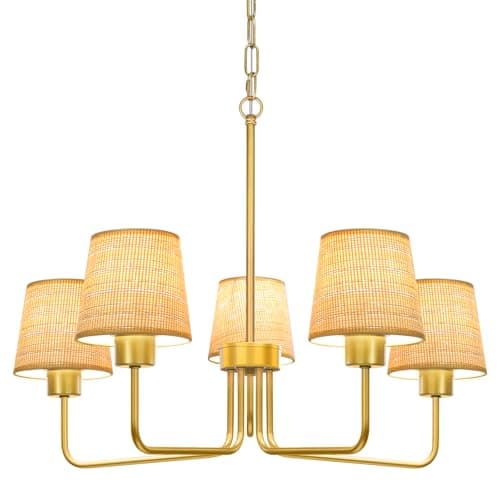 Image of Gold Chandelier Lighting Living Room,5 Lights Metal Pendant Light Fixtures with Handmade Rattan Shade,Farmhouse Chandeliers Ceiling Light for Kitchen Island Dining Room Bedroom Hall,Height Adjustment