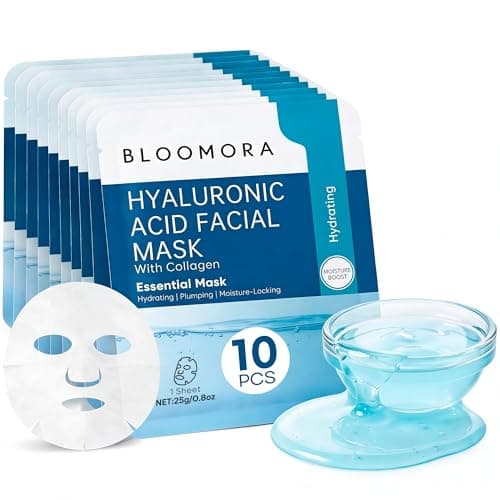 Image of 10 Pack Hyaluronic Acid + Collagen Face Mask Set, HA Face Mask Skincare Set for Deep Hydration, Hydrating Sheet Formula with Moisturising Collagen for Soft & Smooth Skin